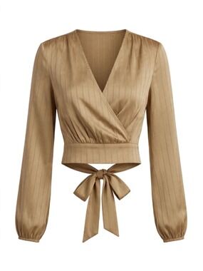 AIBLEE Satin Pinstripe Wrap Crop Top - Camel Tie-Back Blouse